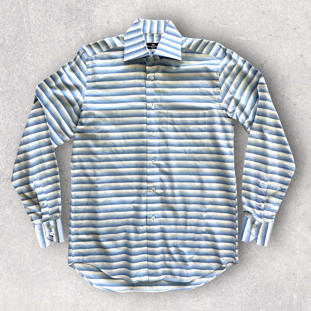 Balenciaga Vintage Blue Striped Cotton Long Sleeve Button Up Men’s Shirt